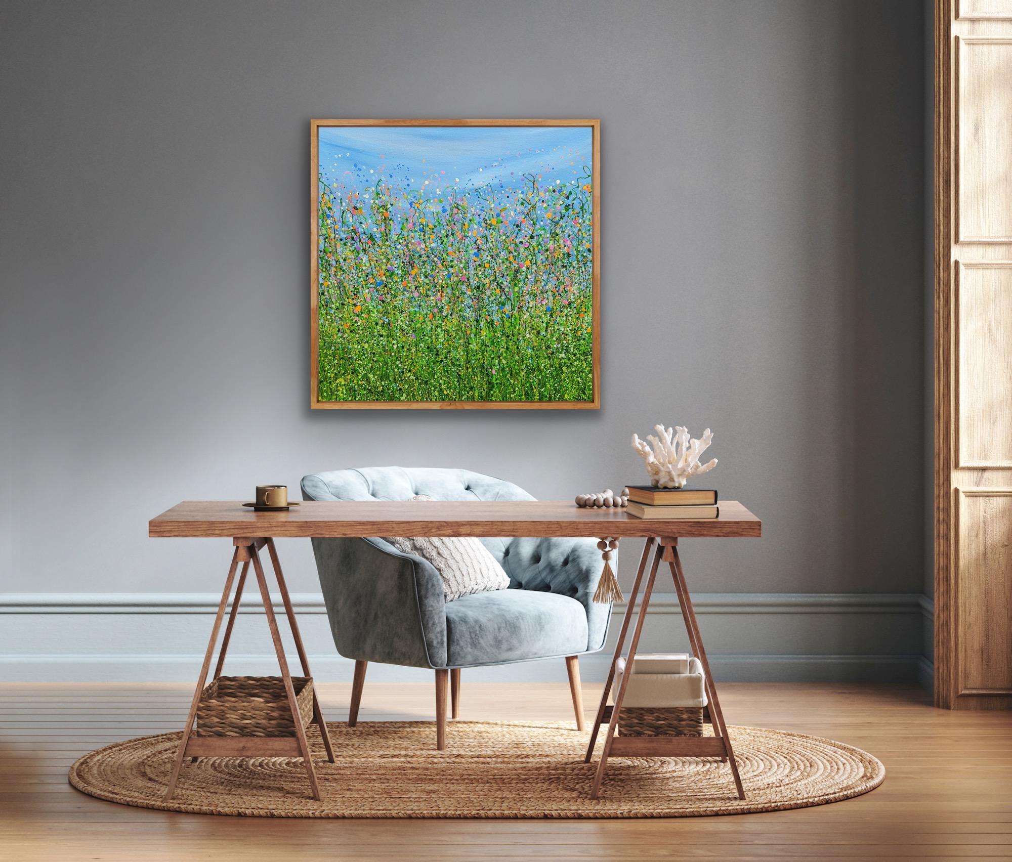 Rêverie printanière, peinture originale, art floral, paysage, prairie, nature, bleu en vente 4