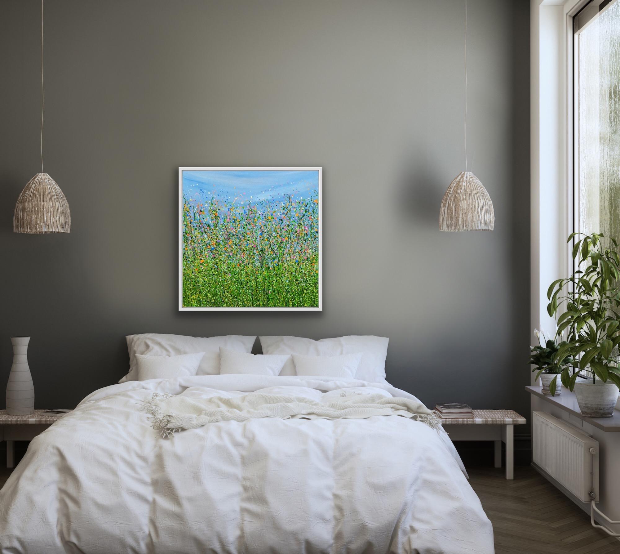 Rêverie printanière, peinture originale, art floral, paysage, prairie, nature, bleu en vente 5