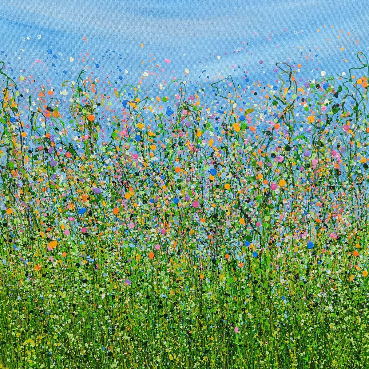Abstract Painting Lucy Moore - Rêverie printanière, peinture originale, art floral, paysage, prairie, nature, bleu