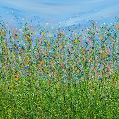 Rêverie printanière, peinture originale, art floral, paysage, prairie, nature, bleu