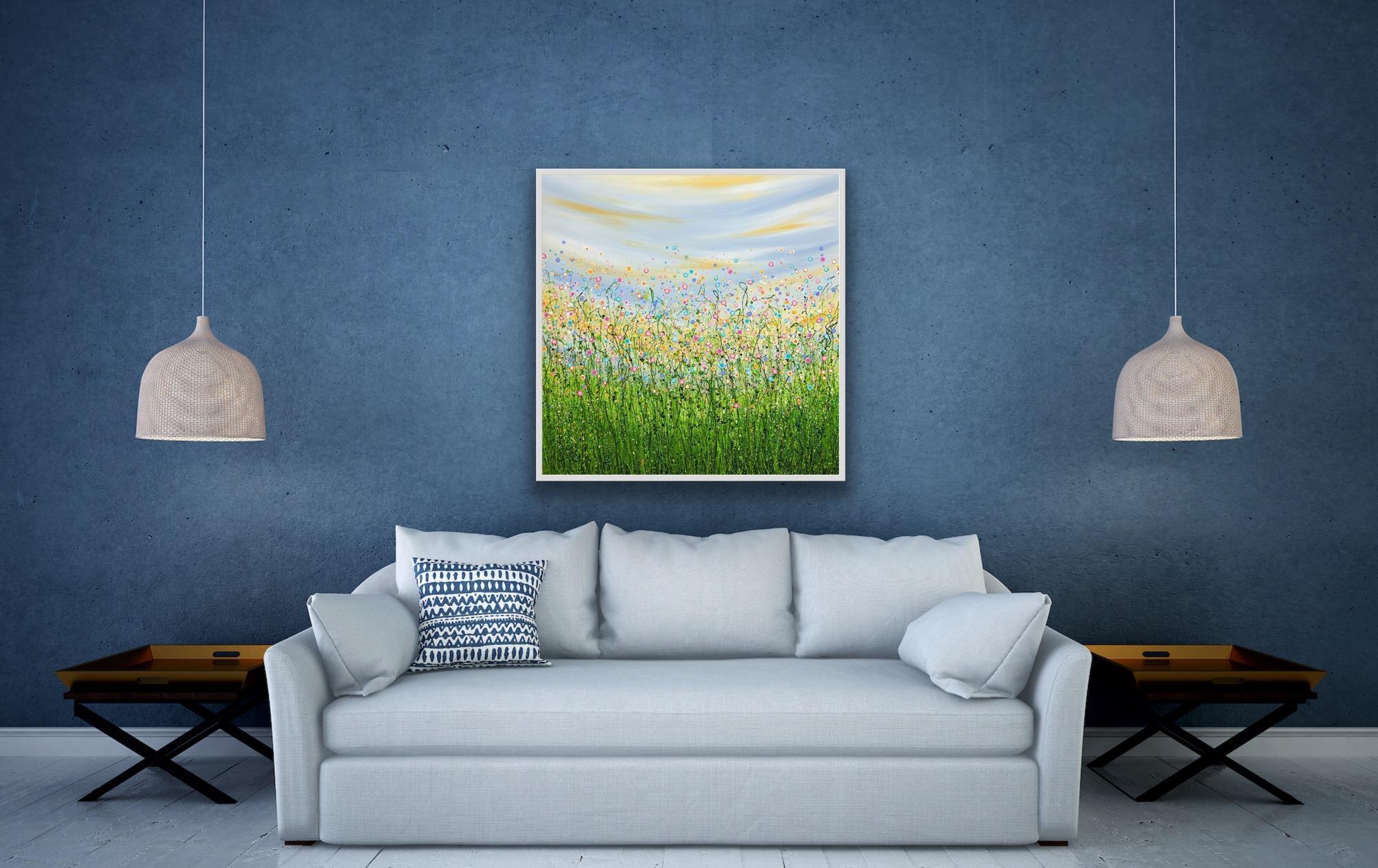 Summer Sprinkles, Original painting, Floral meadow, Nature, Sky, Flowers, Bright - Painting by Lucy Moore