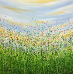 Été arrosé, peinture originale, prairie florale, Nature, Ciel, Fleurs, Lumières