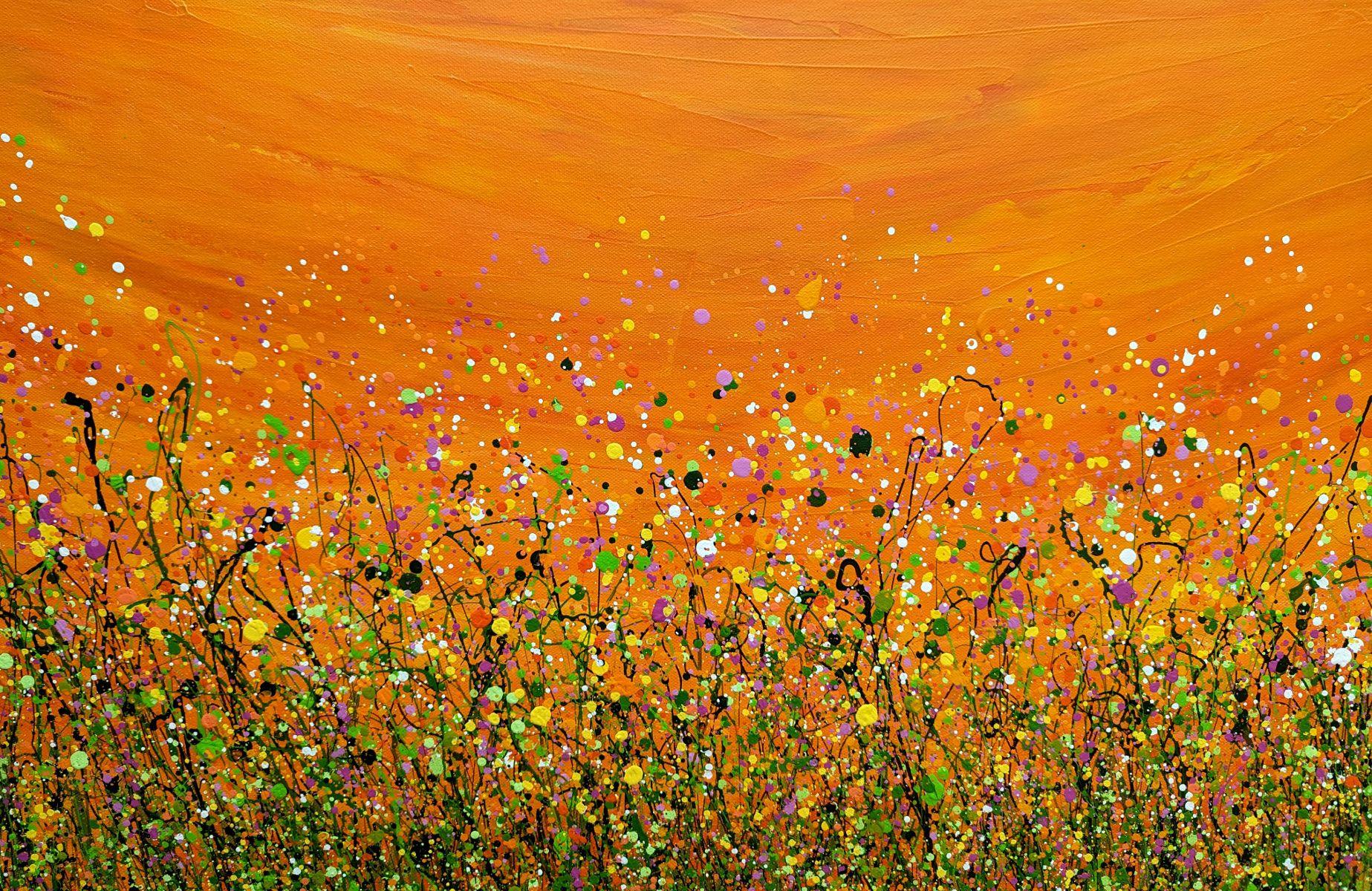 Tangerine Dream #8 60 x 80 cm    really pleased with the vibrancy of this piece.    Signed on the Front  Ready To Hang  Edges painted white    A large statement piece to brighten any home or office.    Using my signature stringy grass technique I