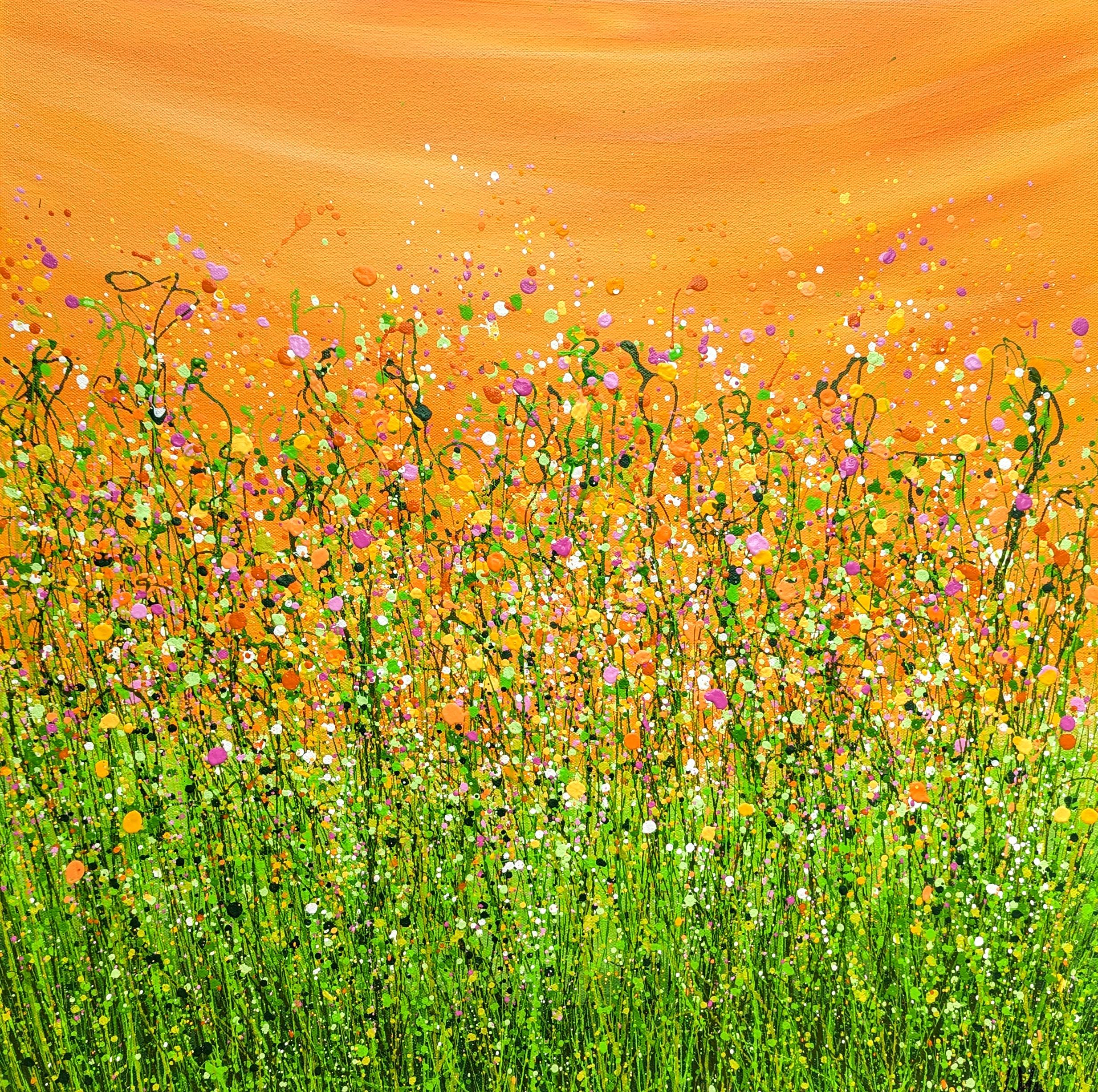 Tangerine Dream #9, Peinture originale, Prairie florale, Nature, Gris, Rouge art - Painting de Lucy Moore