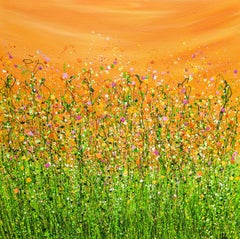 Tangerine Dream #9, Original painting, Floral meadow, Nature, Grey, Red art