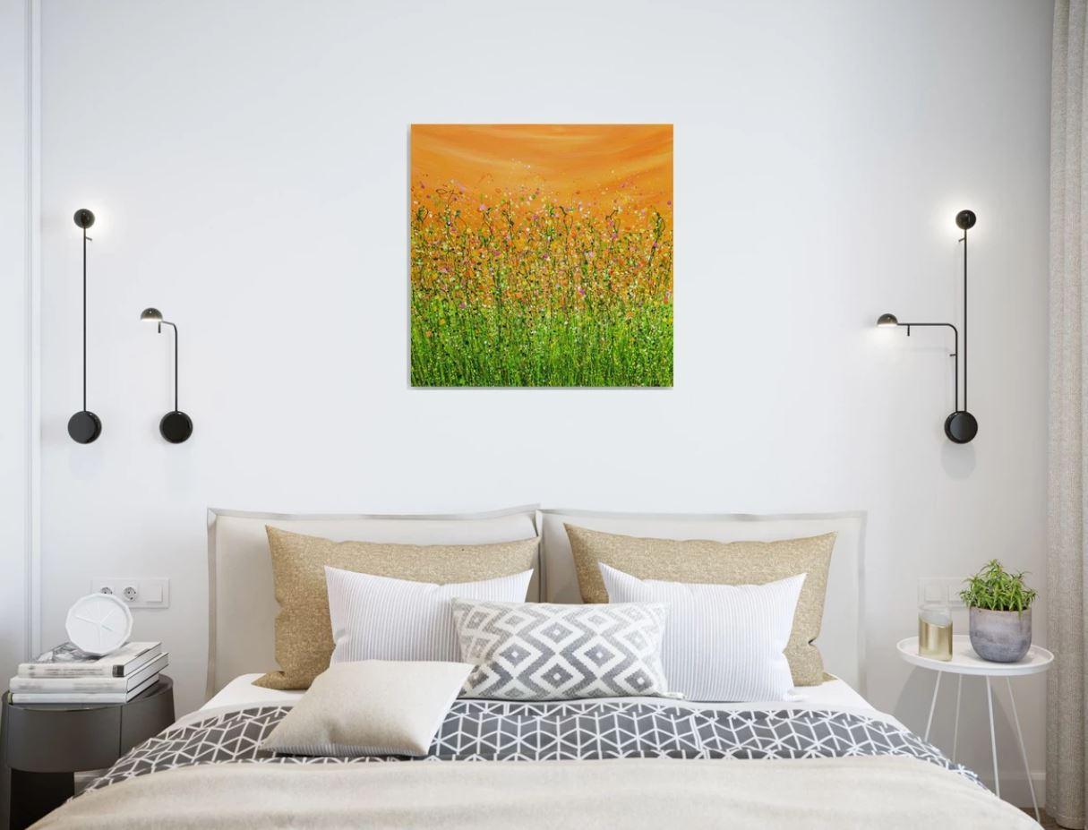 Tangerine Dream #9, Peinture originale, Prairie florale, Nature, Gris, Rouge art en vente 3