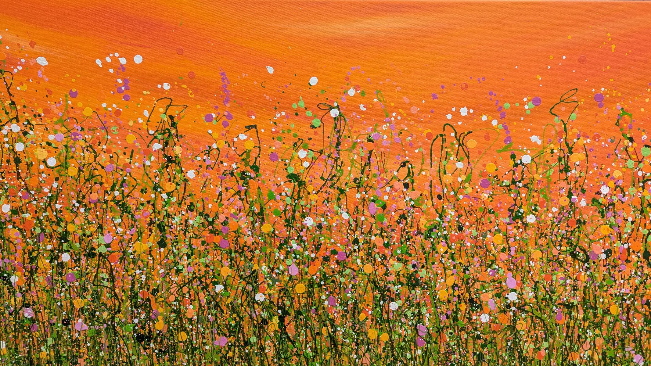 Tangerine Summer Dreaming Embracing the vibrant hues of nature, capturing the untamed dance of wildflowers against the searing ember of dusk. Each stroke is a symphony—a celebration of life's fleeting beauty. We love Lucy Moore's original paintings.