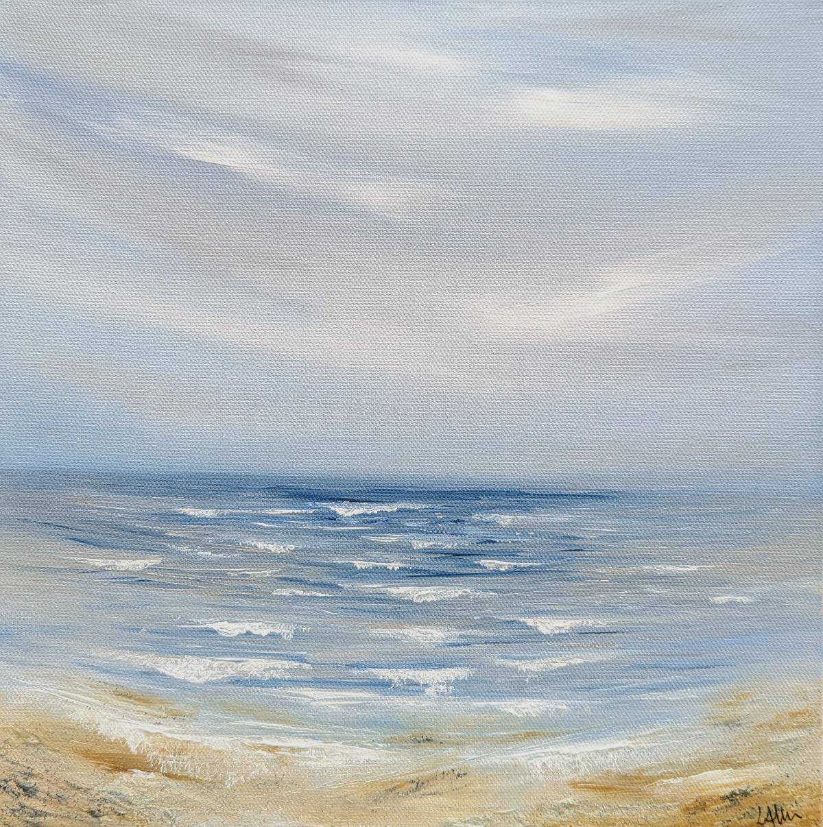 The Calm Before The Storm #3 - An seascape painting by Lucy Moore. When winter roles in it slowly strips the earth of her colour and vibrancy, the grey storm clouds creep along the sky threating rain and snow. . This piece would make a great