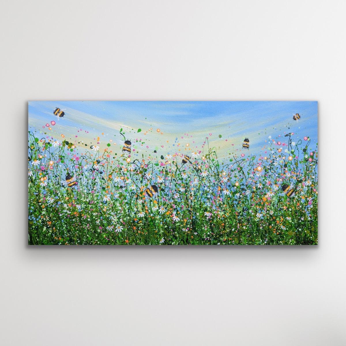 To Bee Wild And Free #5 - Using a little texture I have created this happy flourish with little bees going about there day. I love to splash around with colour creating wild abstract fields of flowers. 60 x 30 cm 1.5cm thickness Acrylic on canvas I