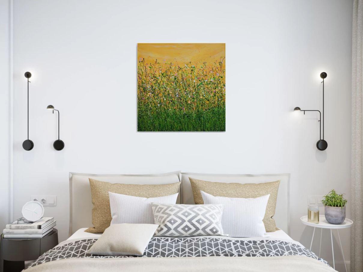 Tropical Crush Meadow #9 - 60 x 60 cm In crafting this piece, As I melded acrylics, I envisioned a meadow bathed in golden sunlight—a celebration of nature's splendor. We love Lucy Moore's original paintings. They are full of colour and energy at