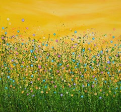 What Dreams May Come #3, Pintura original, Pradera floral, Naturaleza, Gris, Arte rojo