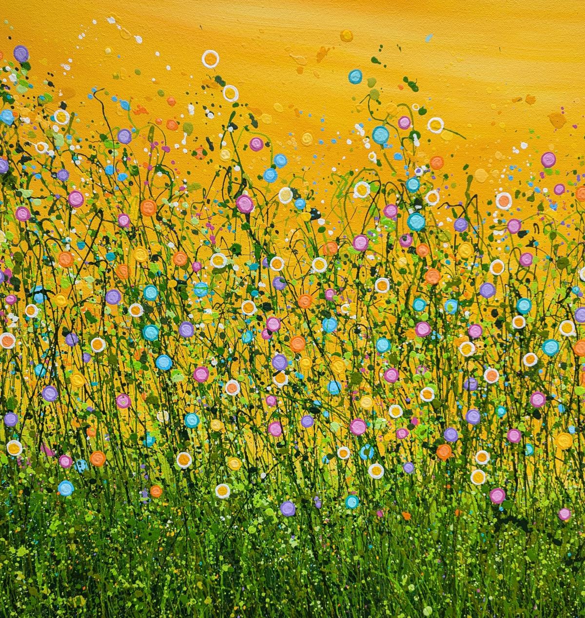 What Dreams May Come #4 (60 x 97 cm) Réalisée à l'aide d'acryliques vibrantes, ma peinture déborde de vie et incarne l'essence d'une prairie de rêve. C'est une célébration impressionniste abstraite de la beauté sauvage et indomptée de la nature.