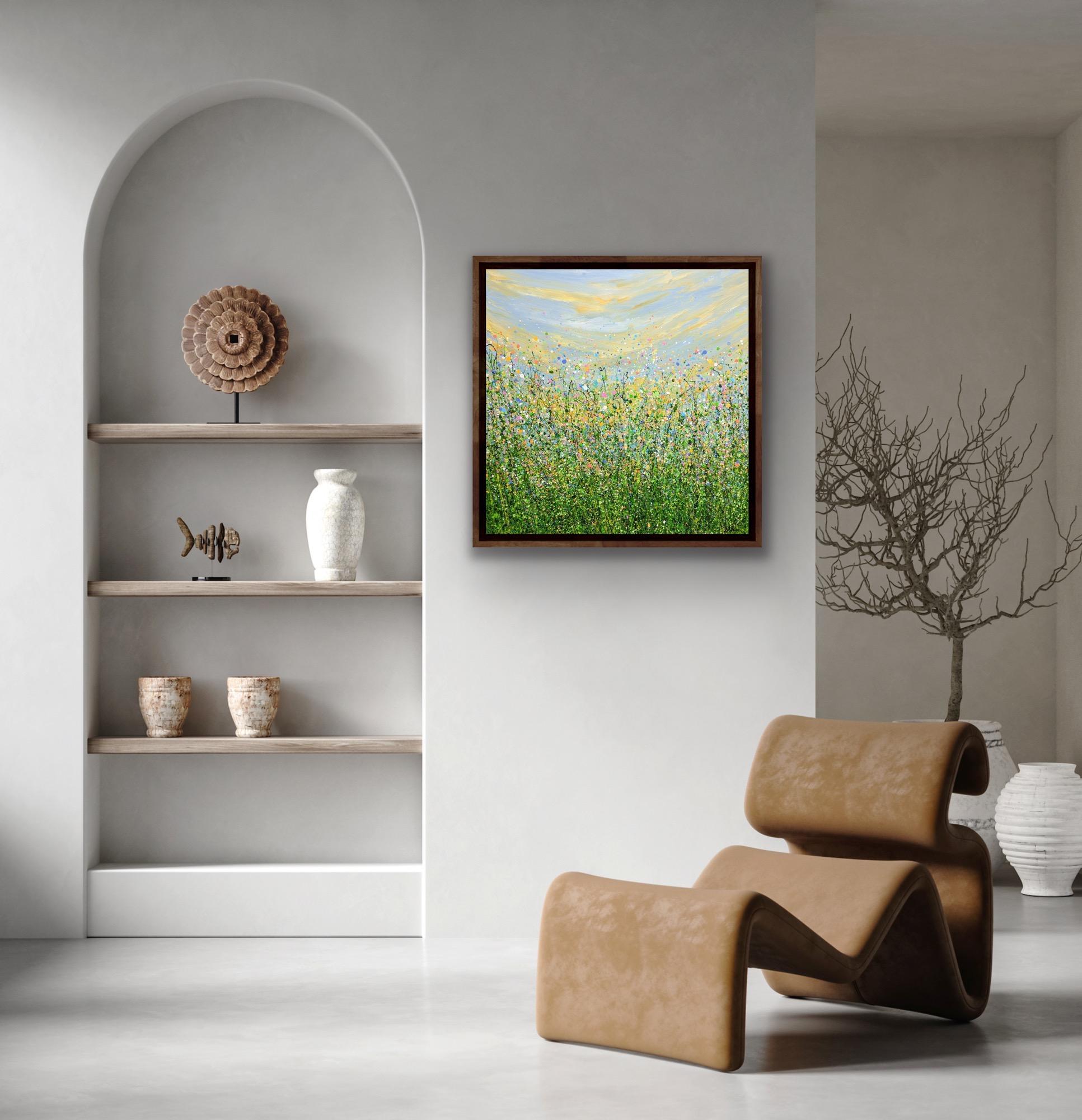 What's the Story Morning Glory, Spring Meadow Painting, Abstract Landscape Art - Beige Landscape Painting by Lucy Moore