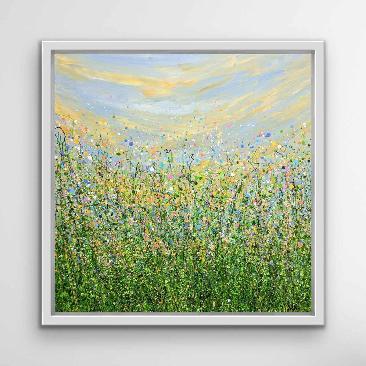 What's The Story Morning Glory - An Original semi-abstract painting by Lucy Moore. Using her signature string grass technique Lucy has created a semi-abstract twist to her classic meadow paintings. Colourful pastels flowers beneath a sunlit skyline.