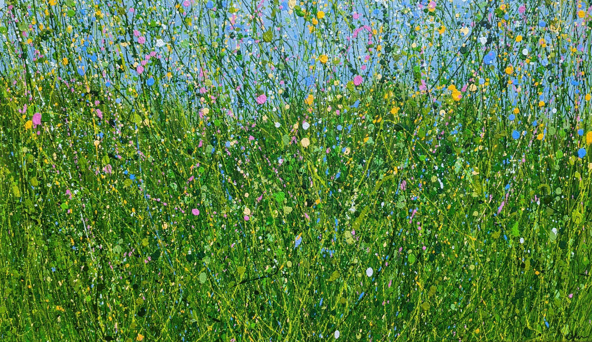 Flüsternde wilde Wiese, Originalgemälde, Blumenwiese, Natur, Grau, Rot Kunst im Angebot 3