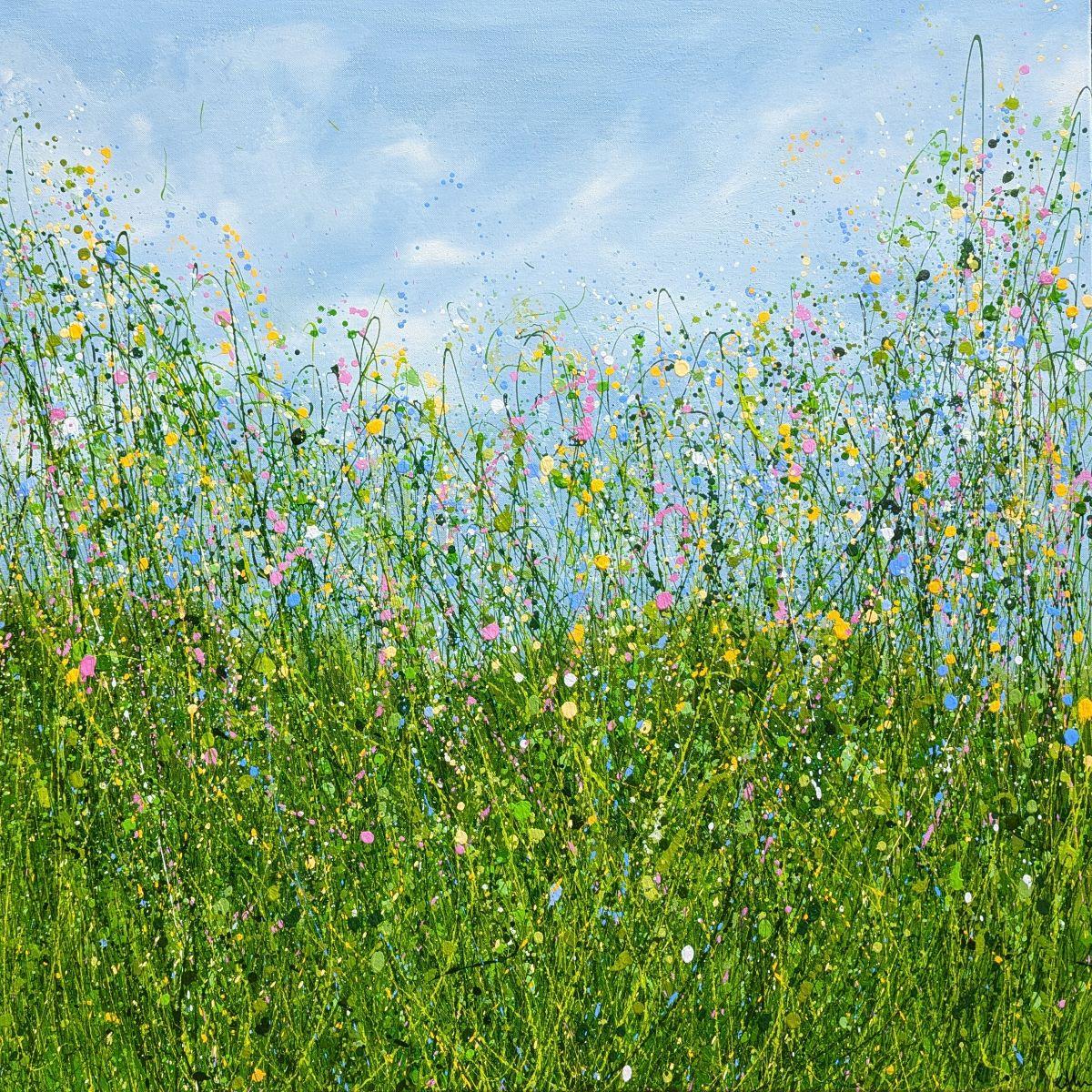 Flüsternde wilde Wiese, Originalgemälde, Blumenwiese, Natur, Grau, Rot Kunst