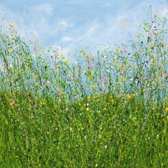 Prato selvaggio che sussurra, Quadro originale, Prato floreale, Nature, Grigio, Rosso