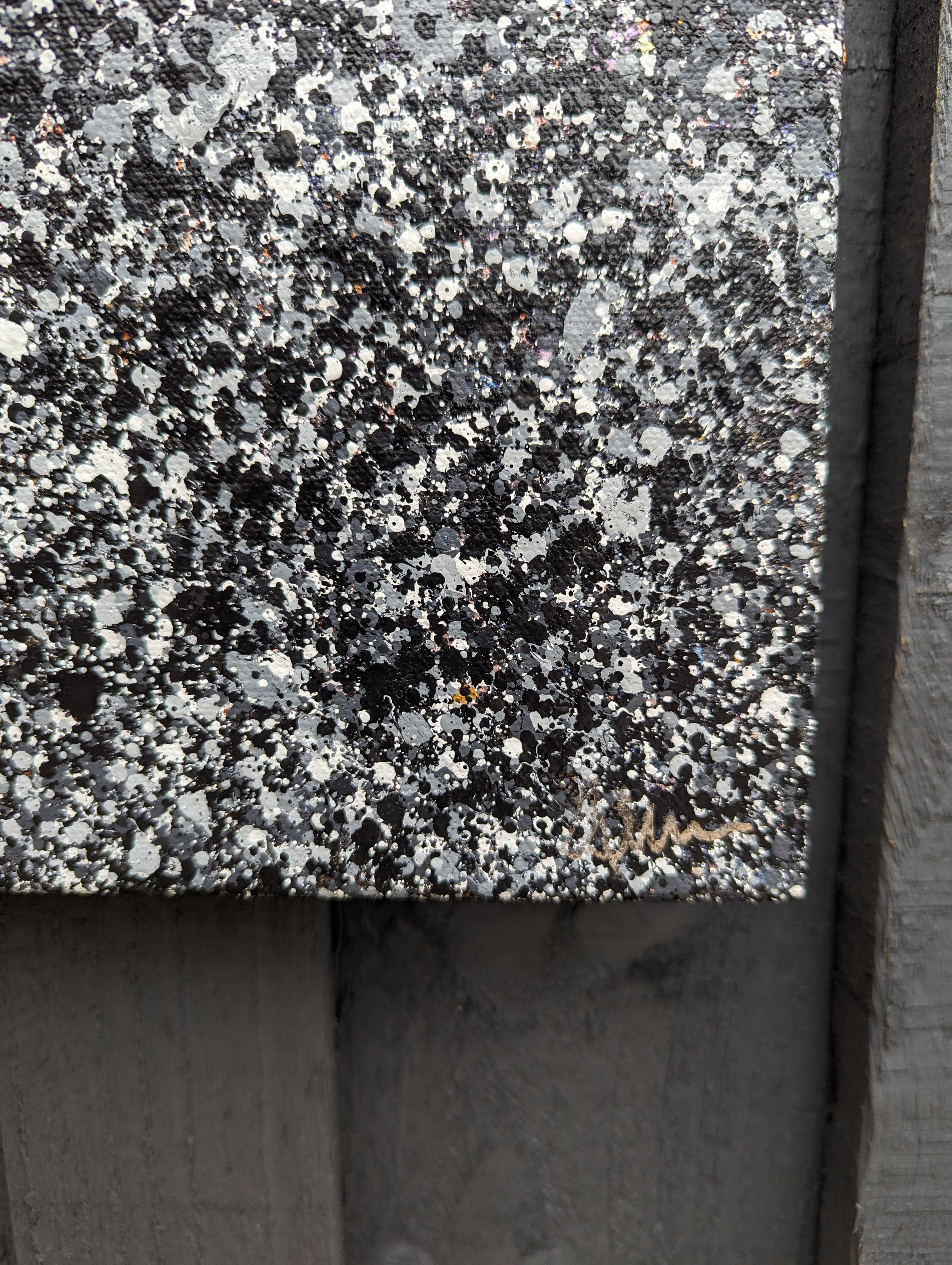 White Noise - Cosa c'è sotto?    76 x 76 cm  Acrilico su tela  Fianchi verniciati di nero  Pronto per essere appeso  Firmato sul davanti (pennarello cromato)    Migliaia e migliaia di schizzi monocromatici stratificati su una base metallica.    Il