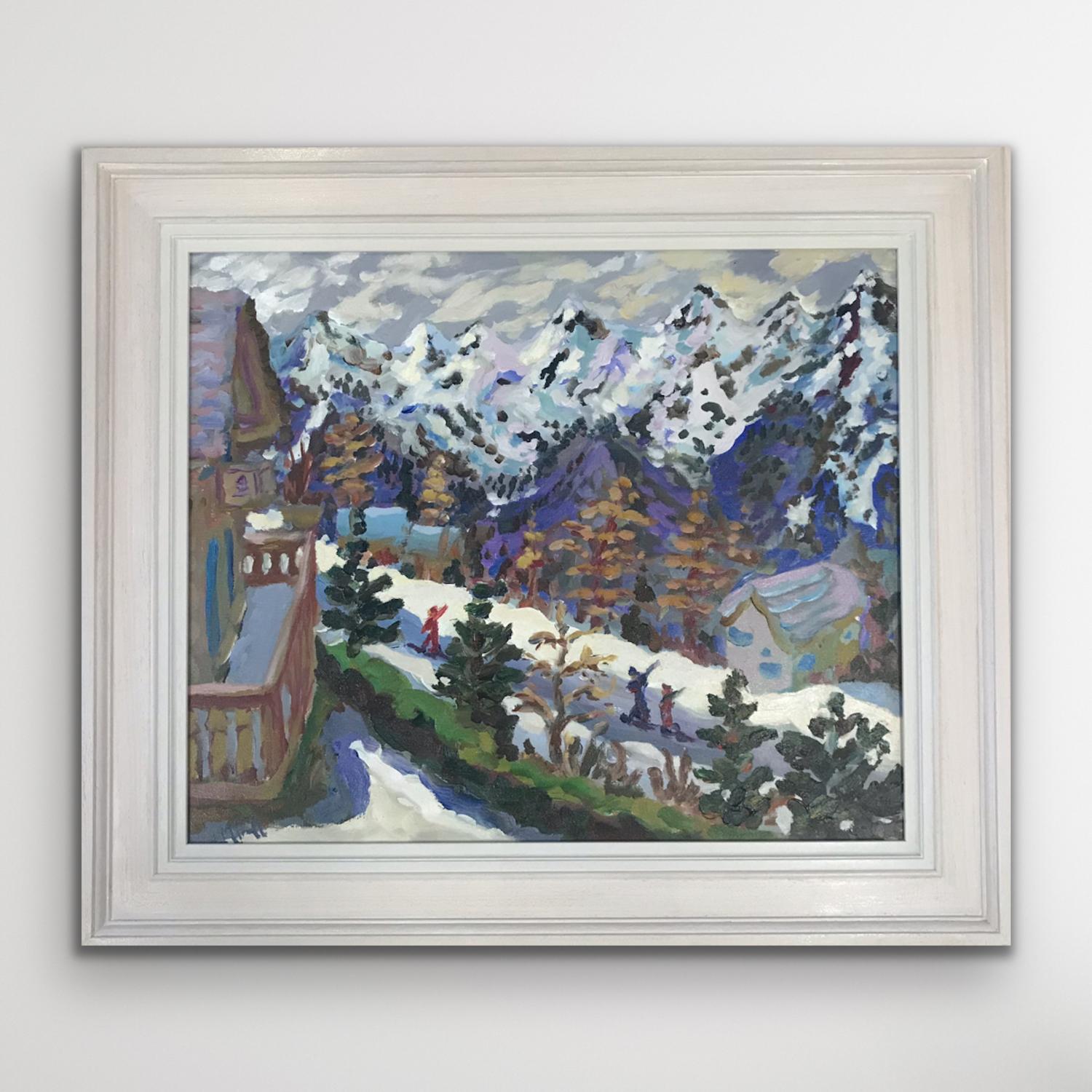 April Skier, Nendaz, Schweiz, Skifahren, Kunst, Bergmalerei, Sportkunst (Impressionismus), Painting, von Lucy Pratt