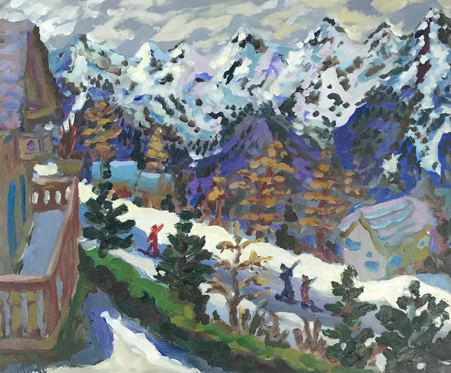 Lucy Pratt Figurative Painting – April Skier, Nendaz, Schweiz, Skifahren, Kunst, Bergmalerei, Sportkunst