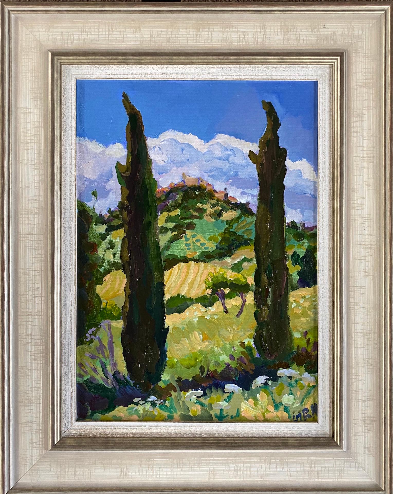 Casole D'elsa III, peinture de paysage toscan italien, art impressionniste - Gris Landscape Painting par Lucy Pratt