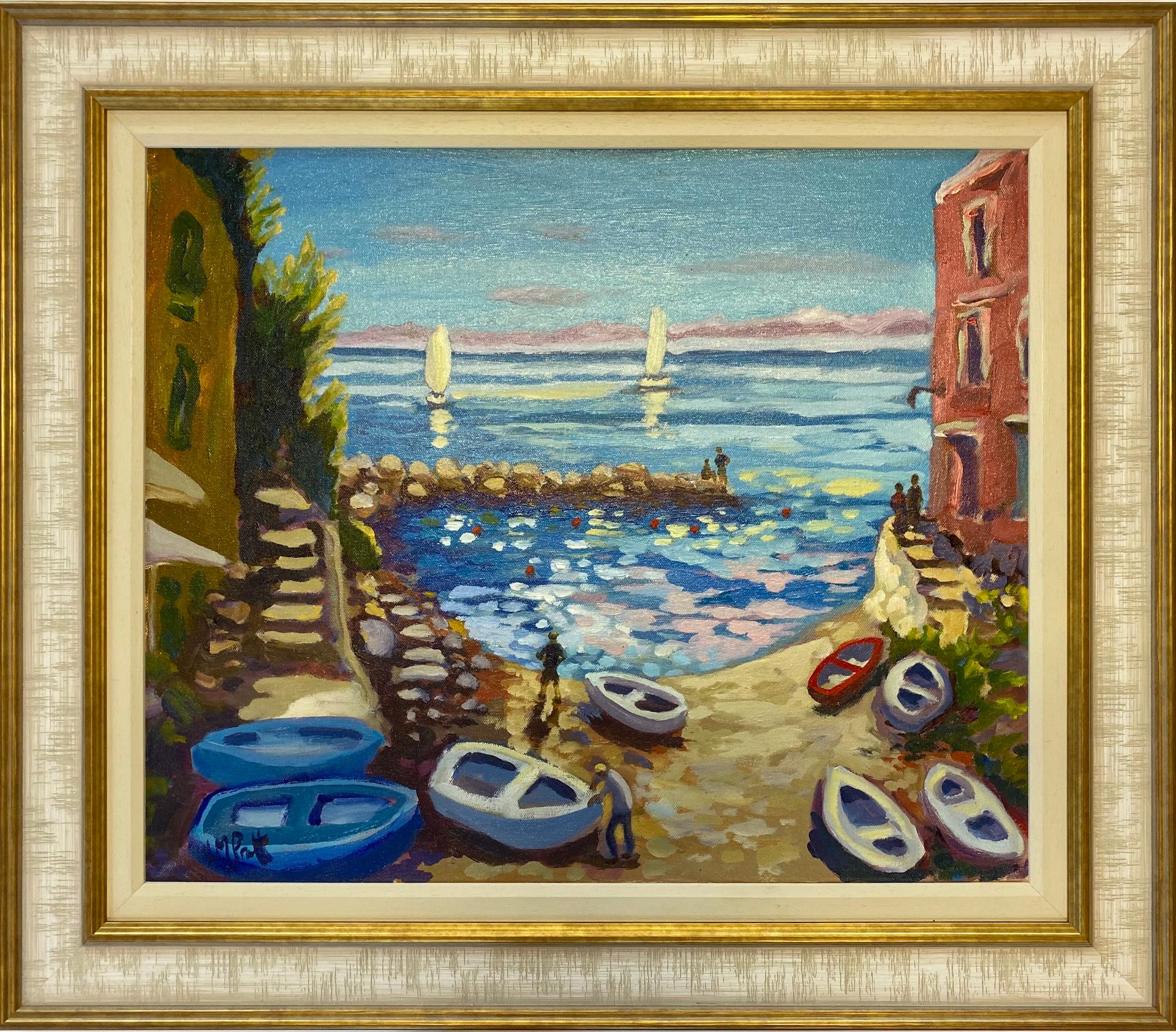 Down with the Boats, Original Italian Seascape Painting, Mediterranean Art - Blue Figurative Painting by Lucy Pratt