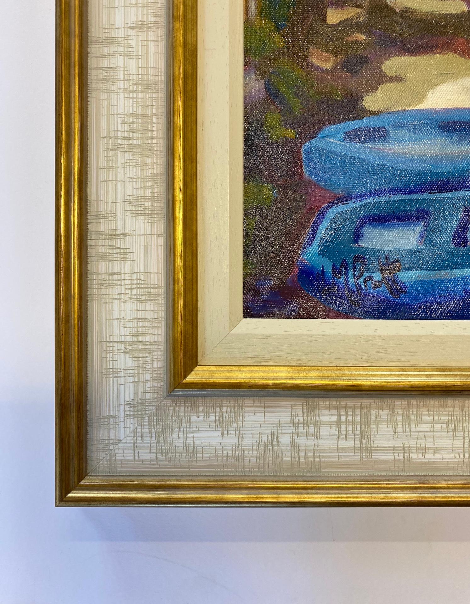Down with the Boats (Duvet avec les bateaux), peinture italienne originale de paysage marin, art méditerranéen - Bleu Figurative Painting par Lucy Pratt