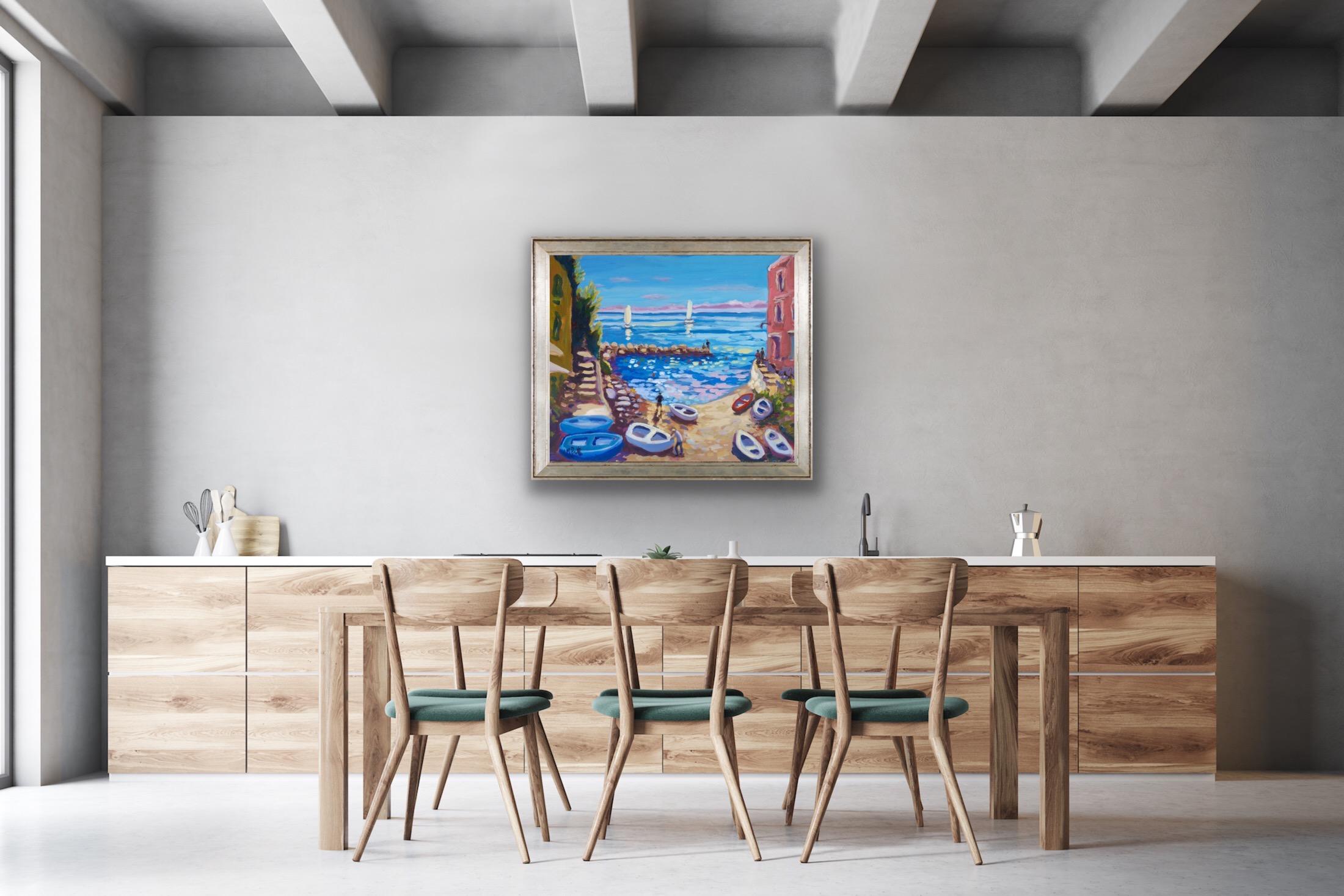 Down with the Boats (Duvet avec les bateaux), peinture italienne originale de paysage marin, art méditerranéen en vente 3