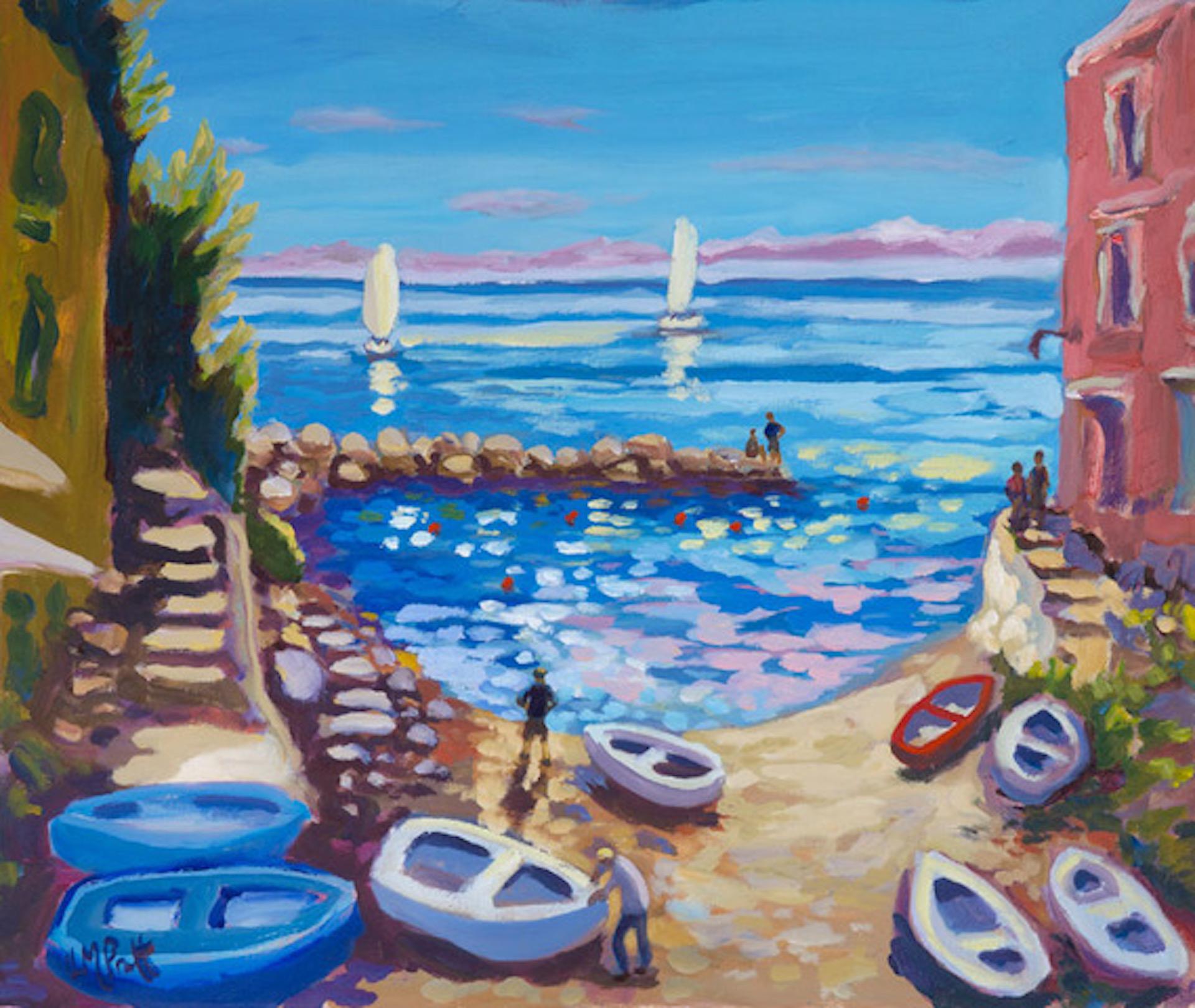 Figurative Painting Lucy Pratt - Down with the Boats (Duvet avec les bateaux), peinture italienne originale de paysage marin, art méditerranéen