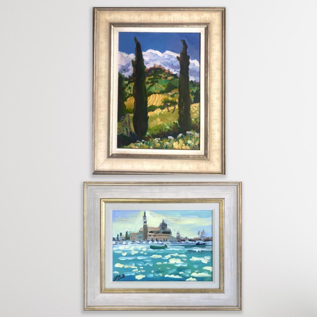 Figurative Painting de Lucy Pratt - Góndolas en San Marcos, Venecia y Casole D'elsa III Dyptich, Cuadros originales