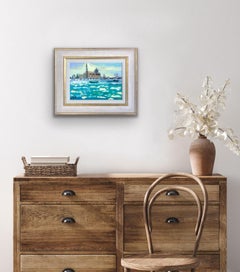 Gondole a San Marco, Venezia, dipinto di un paesaggio urbano vibrante in stile impressionista