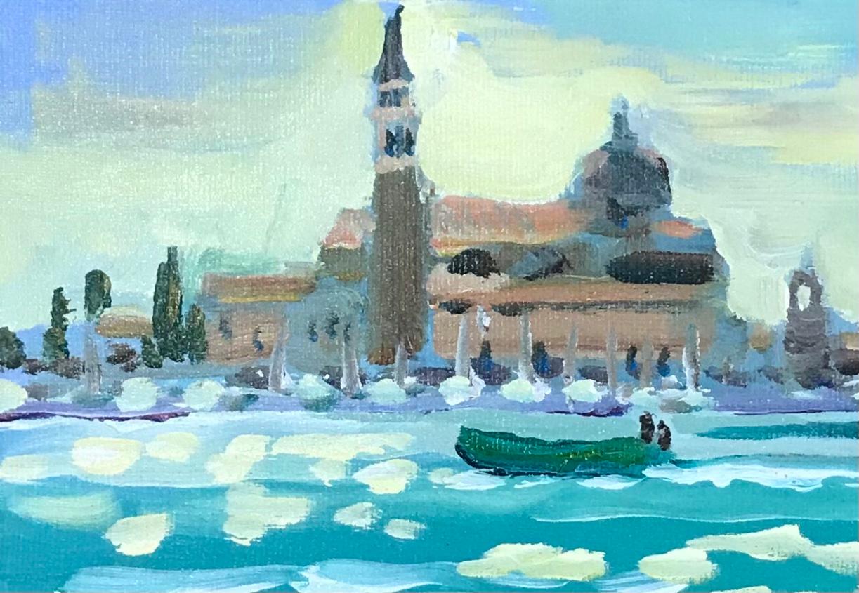 Gondolas At St Mark's, Venise, peinture de paysage urbain de style impressionniste vibrant en vente 2