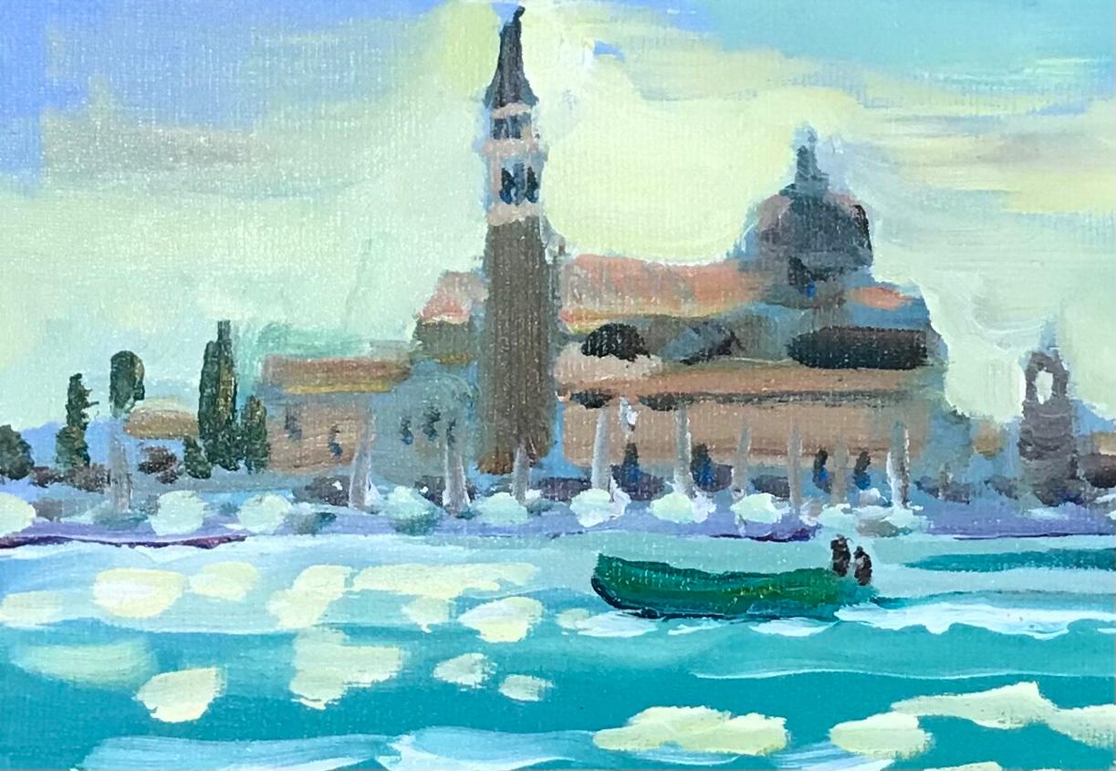 Gondole a San Marco, Venezia, dipinto di un paesaggio urbano vibrante in stile impressionista in vendita 2