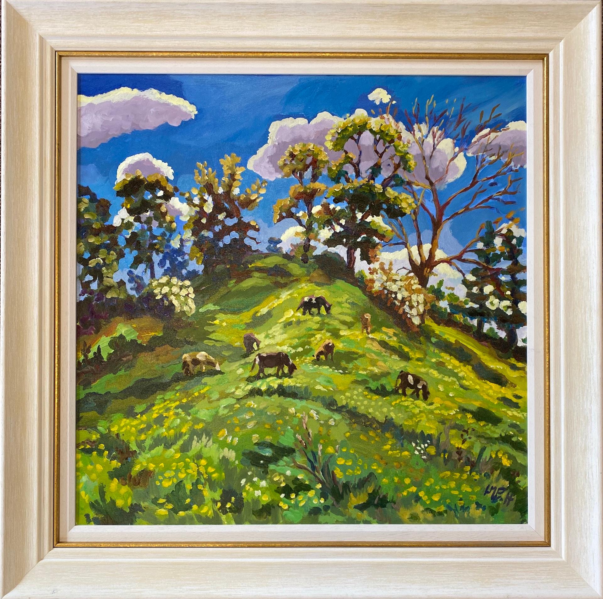 Grazers on the Motte and Bailey, Original painting, Impressionist, Landscape, UK - Contemporary Painting by Lucy Pratt