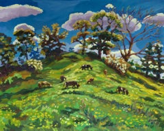Grazers on the Motte and Bailey, peinture originale, impressionniste, paysage, Royaume-Uni