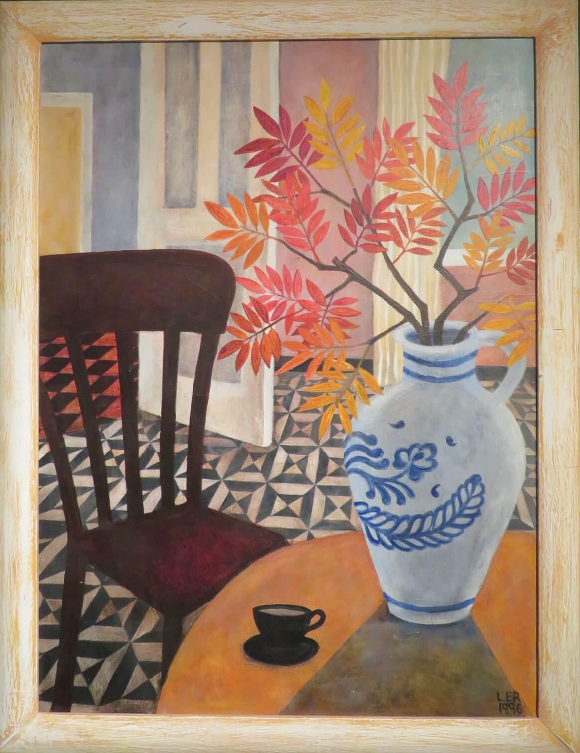 Still-Life Painting Lucy Raverat - Grande peinture à l'huile impressionniste anglaise d'intérieur du 20e siècle 