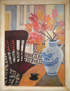 Vintage Original large 20thC English impressionist Interior Still Life oil painting