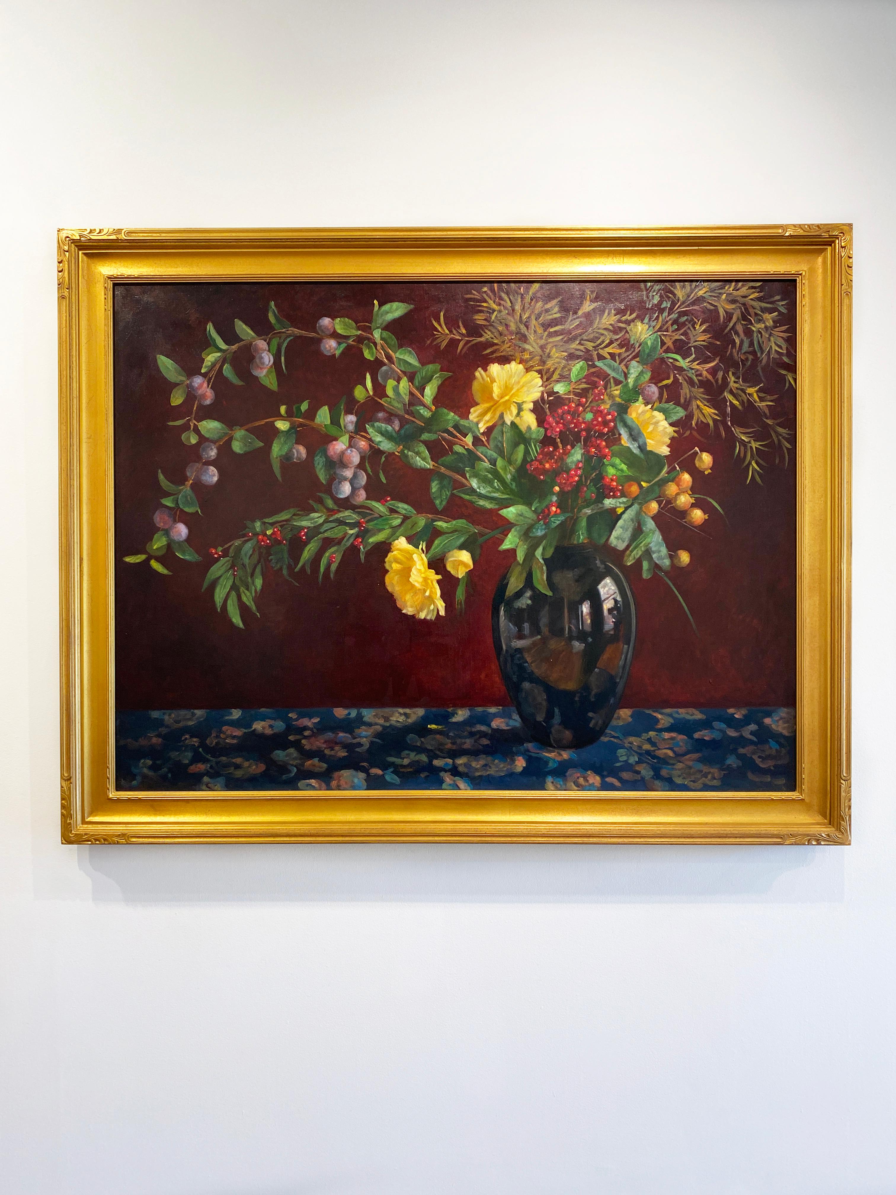 Still life painting by Lucy Reitzfeld, Arrangement with a black vase For Sale 1