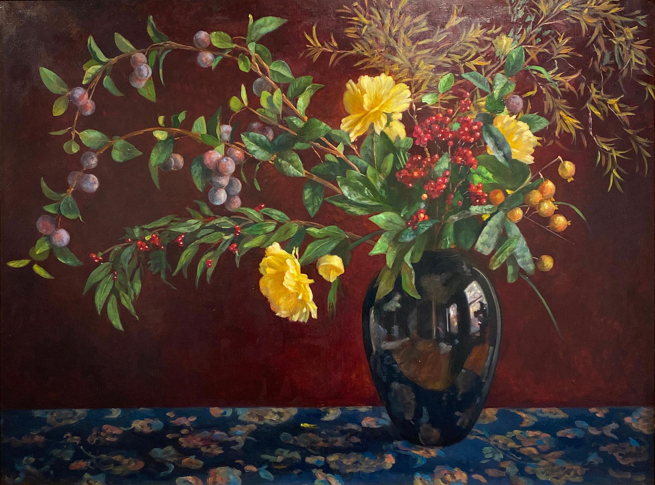 'Arrangement with a black vase' 2001 by American artist Lucy Reitzfeld. Oil on linen, 36 x 48 in. / Frame: 43 x 55 in. This beautiful still life painting features a vase with a lush, botanical arrangement of berries, grapes, yellow chrysanthemums,