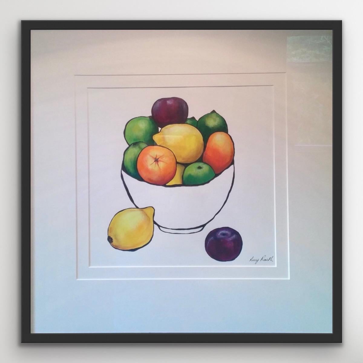 Citrus Bowl with plums, Original painting, fruit,  still life  - Painting by Lucy Routh