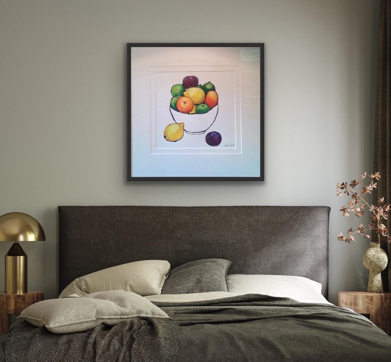 Citrus Bowl with plums, Original painting, fruit,  still life  - Yellow Still-Life Painting by Lucy Routh