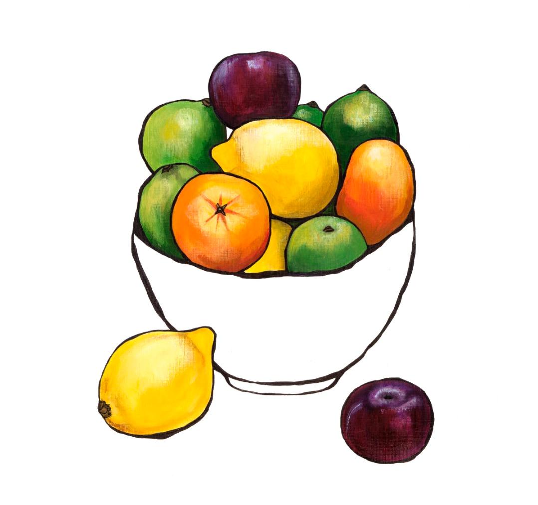 Still-Life Painting Lucy Routh - Bol à citrus avec prunes, peinture originale, fruits,  nature morte 