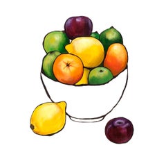 Vintage Citrus Bowl with plums, Original painting, fruit,  still life 