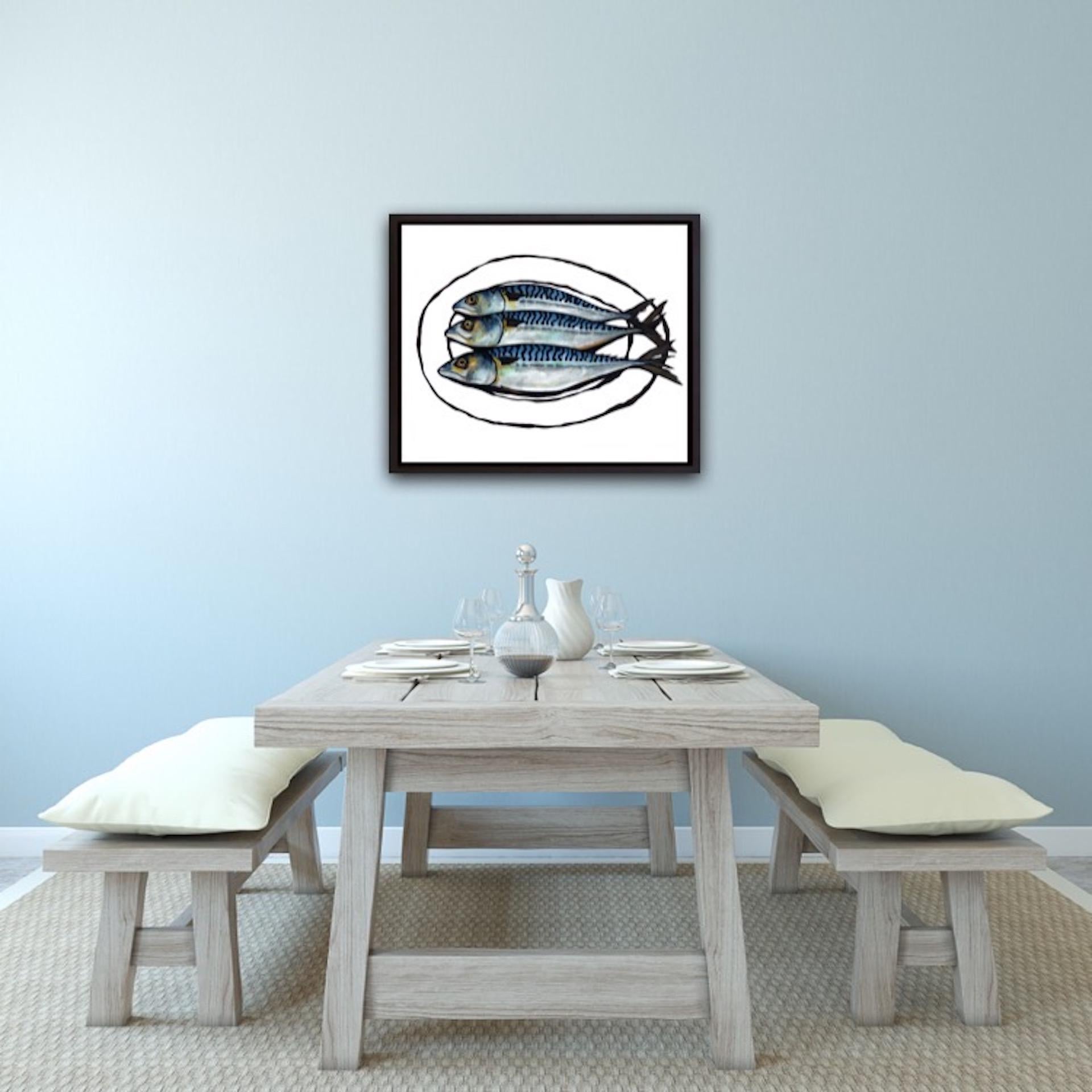 Lucy Routh
Three Mackerel
Limited Edition Giclee Still Life Print
Edition of 100
Image Size: H 28cm x W 40cm
Mount Size: H 50cm x W 60cm x D 0.5cm
Please note that insitu images are purely an indication of how a work may look.

Three Mackerel is a