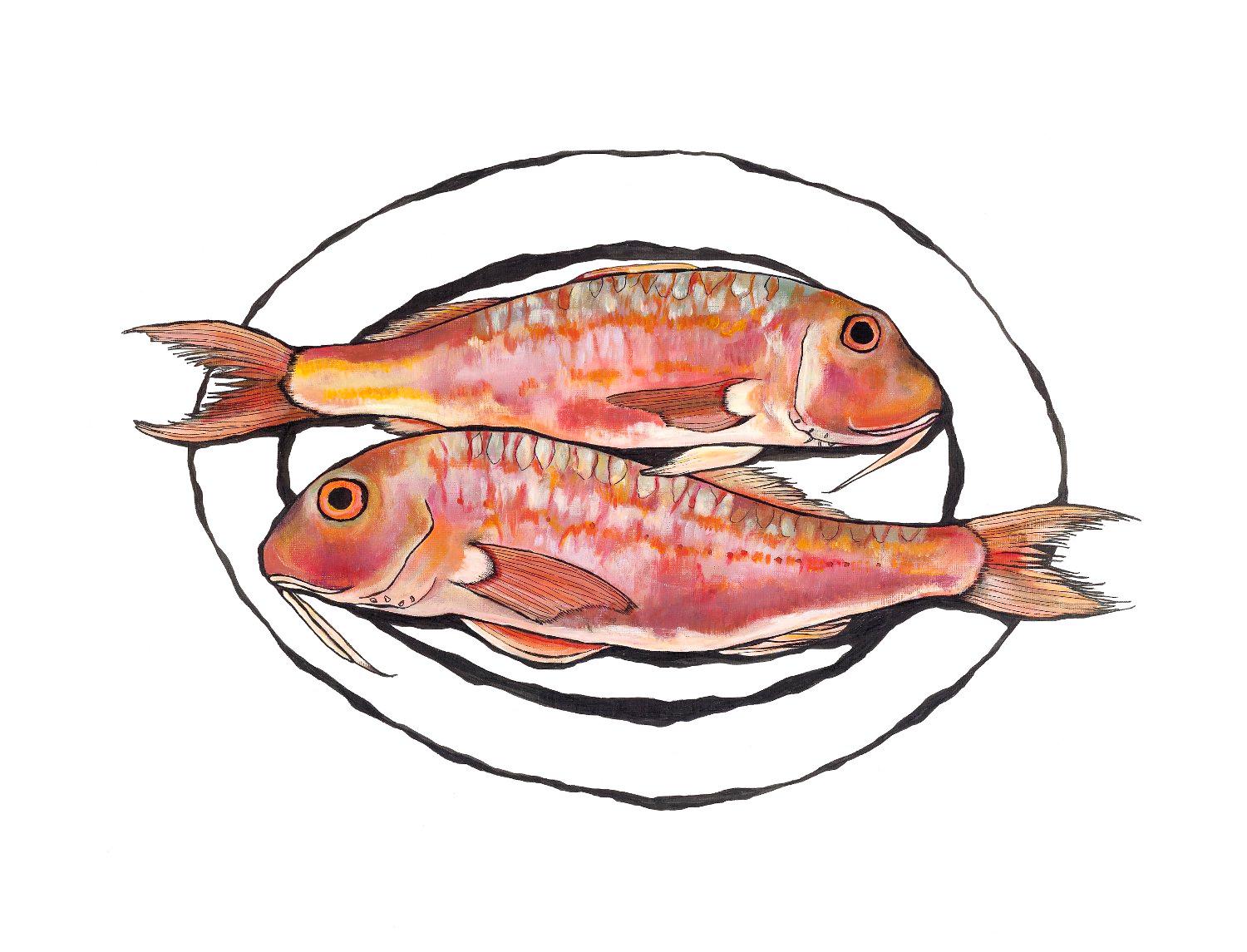 Red Mullet and Crab Diptych
Overall size cm : H100 x W120

Lucy Routh – Crab
Inspired by nature and the beauty found in everyday objects. I combine traditional still life subjects with a contemporary style, achieving bold, vibrant images with a