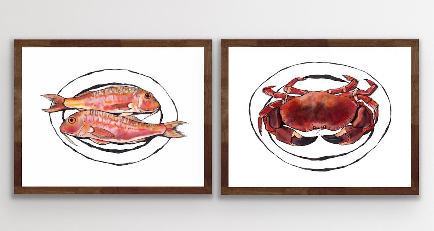 Lucy Routh Figurative Print - Red Mullet and Crab Diptych