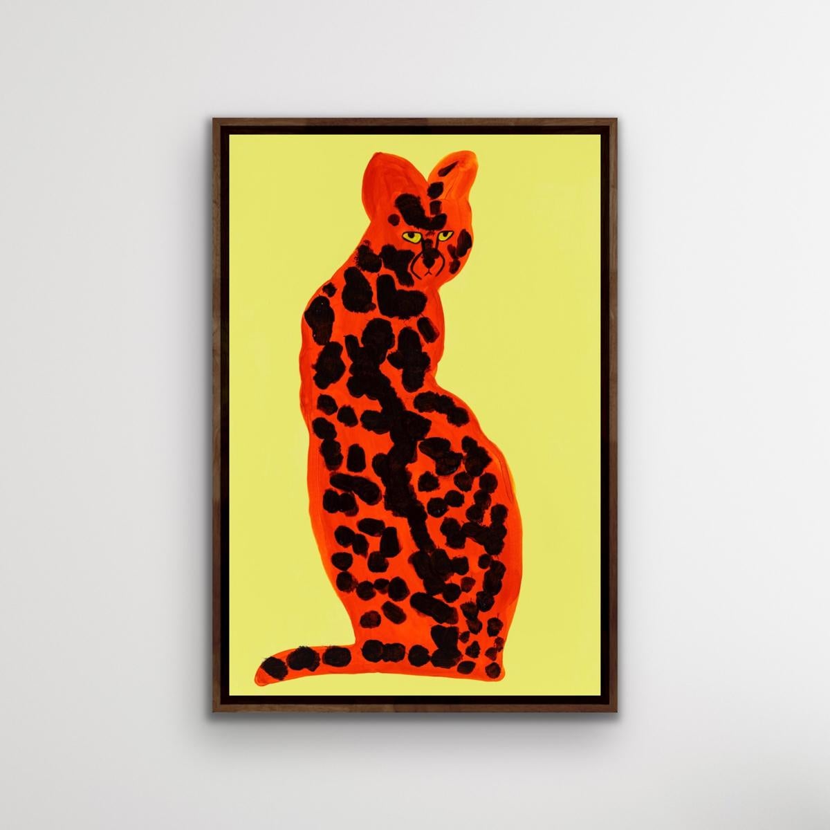 Yellow Serval by Lucie Sheridan [2022]
original and hand signed by the artist 
Acrylic on canvas
Image size: H:76.2 cm x W:50.8 cm
Complete Size of Unframed Work: H:50.8 x 76.2 cm x W:76.2 cm x D:50.8cm
Frame Size: H:79.2 cm x W:53.8 cm x