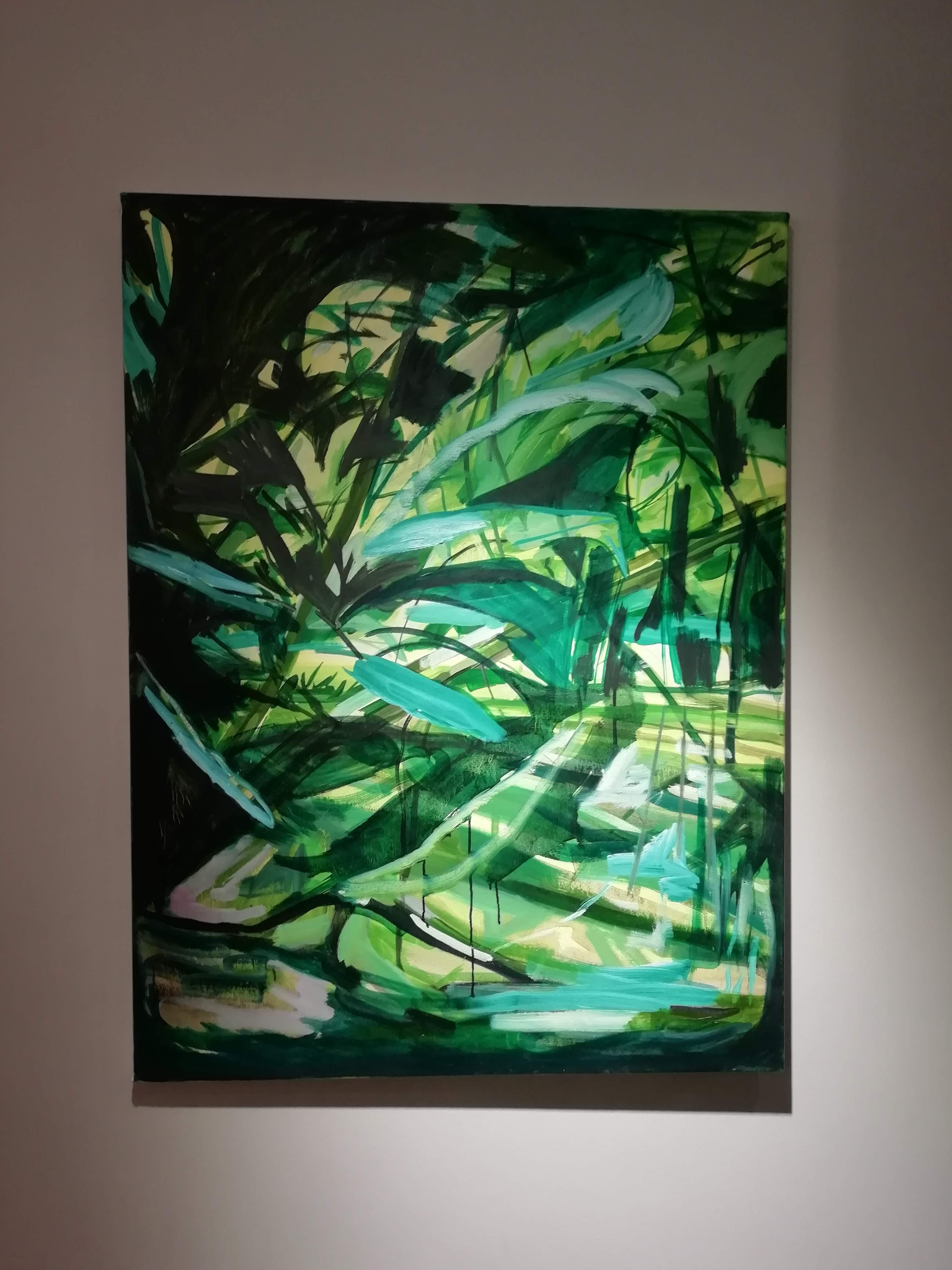 Riverlight, Oil on Board, 100x75cm, 2018 - Black Landscape Painting by Lucy Smallbone