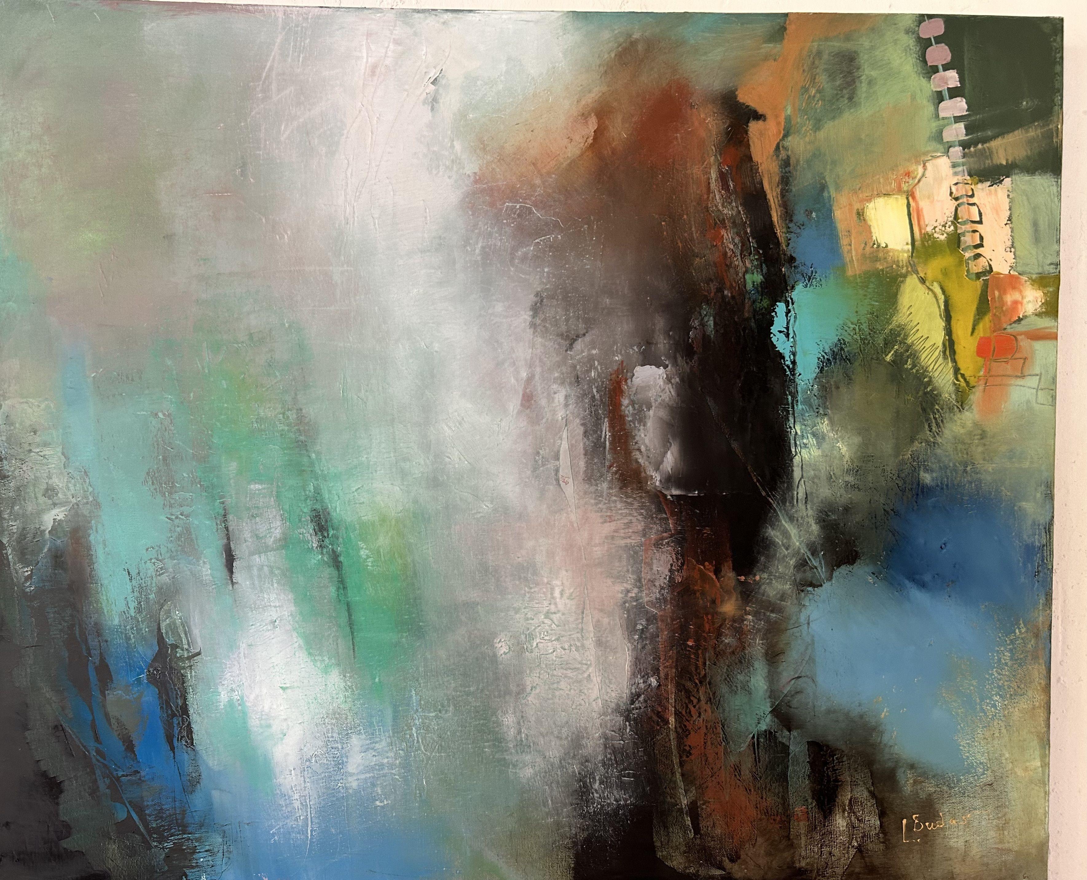En este óleo expresionista, he profundizado en el juego abstracto de colores y formas para evocar una sensación de misterio y movimiento. Los azules fríos y los verdes tranquilos se funden con estallidos de colores cálidos, sugiriendo un caos