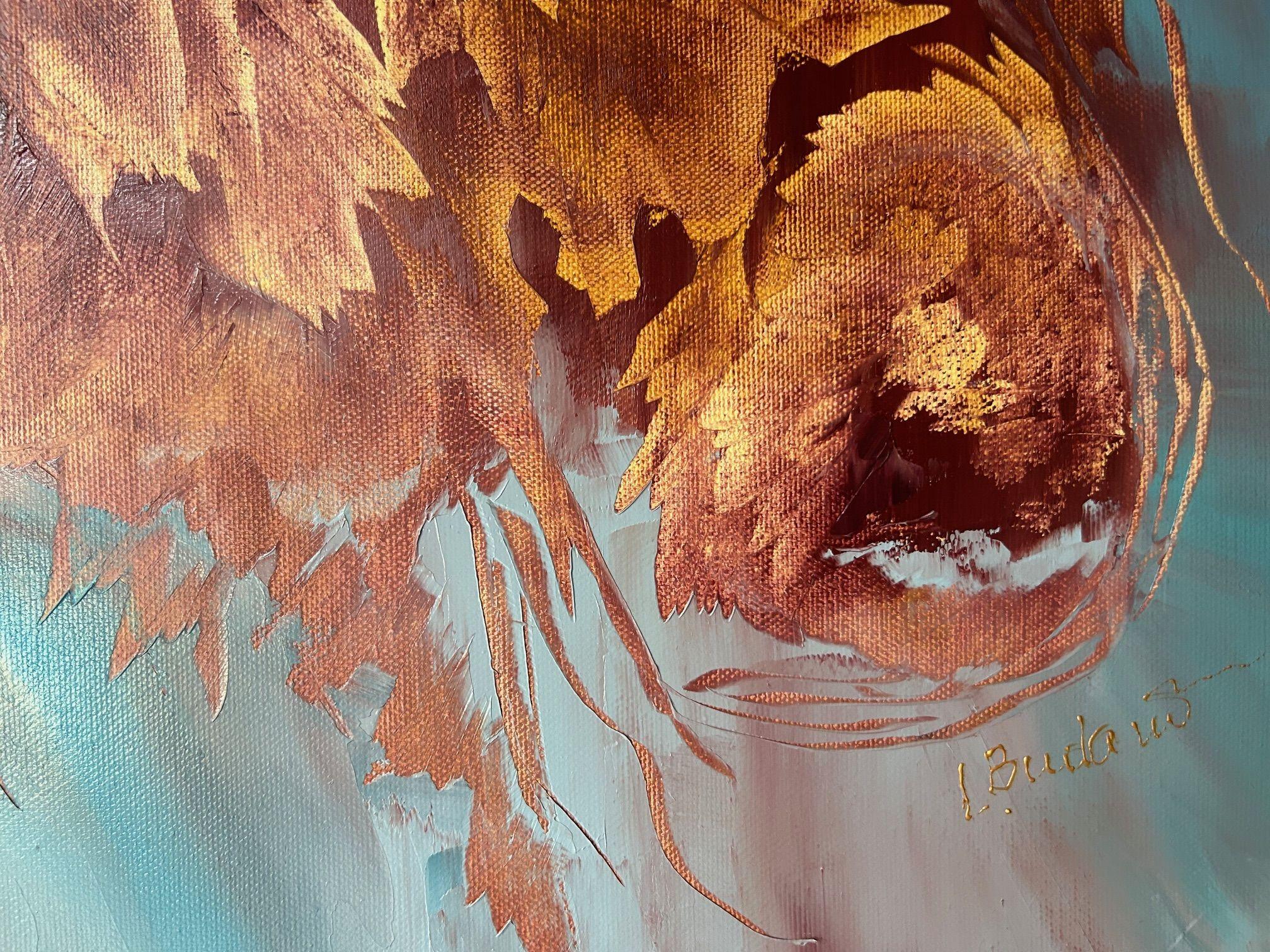 In meinem Kunstwerk habe ich meine Seele in die Schaffung eines dynamischen Ausdrucks von Wärme und Wachstum gesteckt. Das Ölmedium ermöglichte es mir, Texturen zu überlagern und so ein umfassendes Feld feuriger Farbtöne zu schaffen, die über die